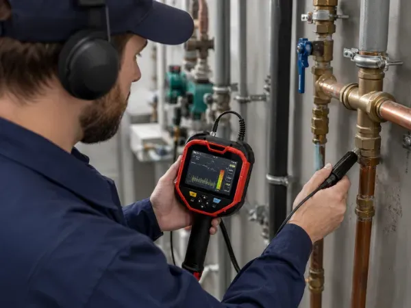 Professional plumber using advanced acoustic equipment to locate a hidden drip on copper pipes
