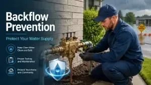 Plumber inspecting a brass backflow preventer on a brick wall