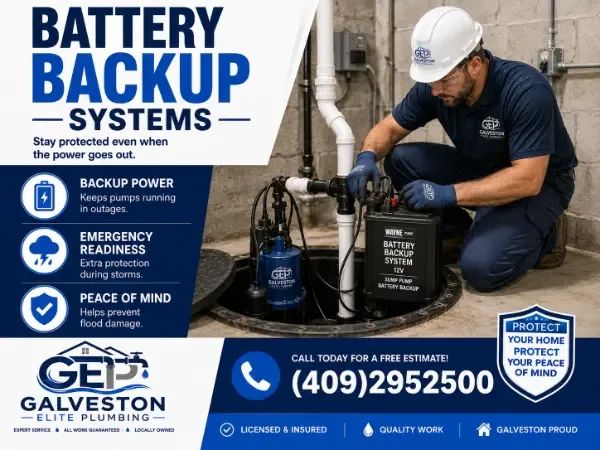 Professional plumber installing a Wayne 12V battery backup system for a sump pump in a residential basement to prevent flooding during power outages