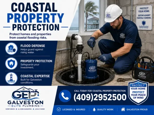 A professional plumber from Galveston Elite Plumbing installing a blue sump pump in a coastal home to protect against flooding and rising water