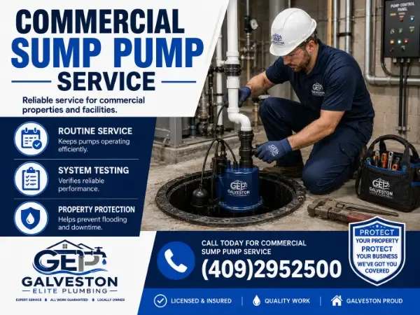 A professional plumber from Galveston Elite Plumbing servicing a blue commercial sump pump in a facility utility room