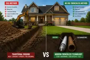 Infographic comparing traditional dig method versus no-dig trenchless sewer repair with intact landscaping