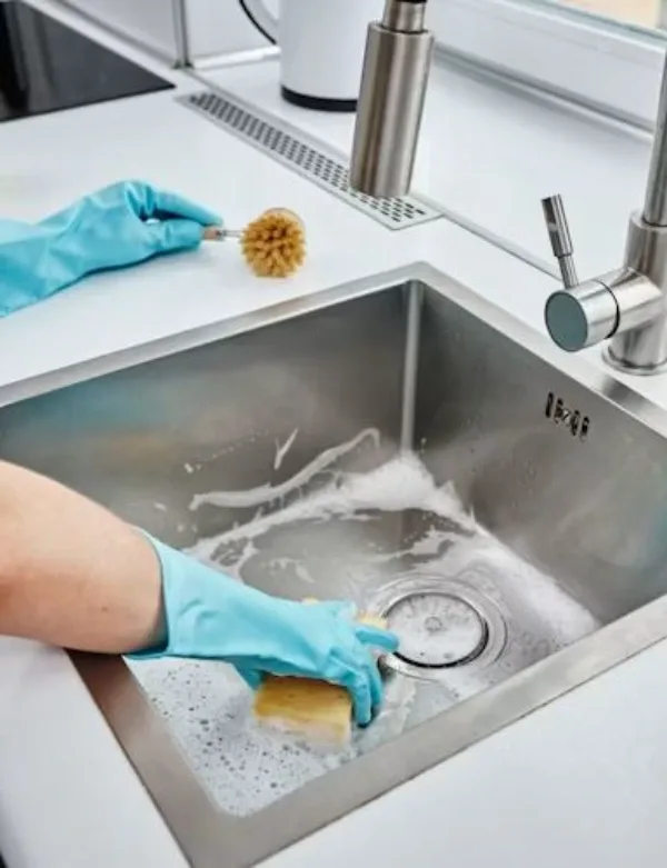 Plumber scrubbing and cleaning a clogged kitchen sink drain with a brush and gloves
