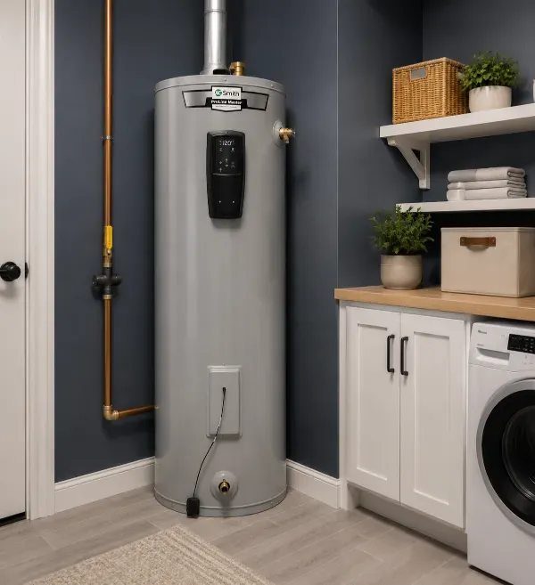 Modern A.O. Smith ProLine Master electric water heater with digital display installed in a laundry room