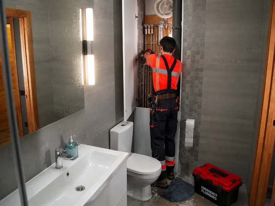 Professional plumber in high visibility gear performing emergency plumbing repairs behind a bathroom toilet with an Emergency toolbox on the floor