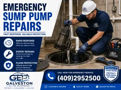 A professional plumber from Galveston Elite Plumbing in a hard hat and uniform lifting a sump pump out of a basement pit for emergency repairs
