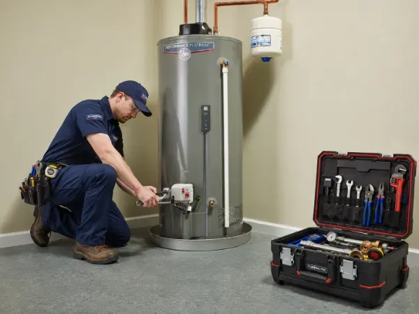 Plumber repairing a residential water heater that may have leaked or flooded after a rage