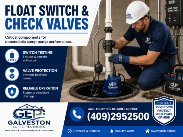 A professional plumber from Galveston Elite Plumbing servicing a sump pump float switch and check valve in a basement