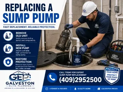 A professional Galveston Elite Plumbing technician installing a new blue sump pump while removing an old, dirty unit from a basement sump pit