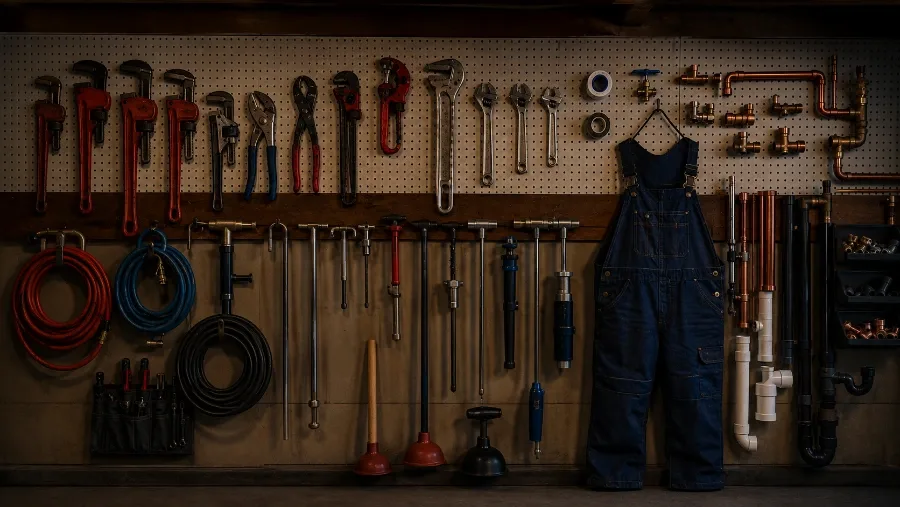 Professional plumbing tools, copper pipe fittings, and work overalls organized on a Galveston Elite Plumbing service van pegboard