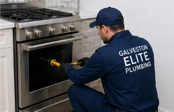 Galveston Elite Plumbing technician performing gas line service and appliance installation on a stainless steel kitchen stove