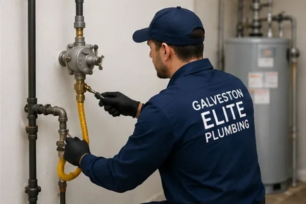A professional plumber from Galveston Elite Plumbing using a wrench to repair a gas line connection with a yellow flexible pipe and regulator