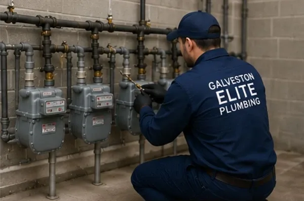 A professional plumber from Galveston Elite Plumbing inspecting a row of gas meters and piping