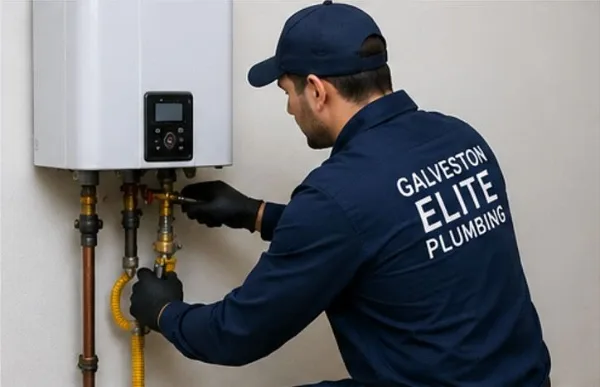 A professional plumber from Galveston Elite Plumbing working on a yellow gas line connection for a tankless water heater