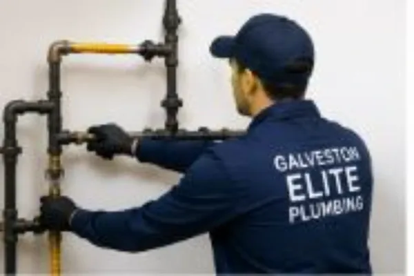 A technician from Galveston Elite Plumbing wearing a navy blue branded uniform and black gloves works on black metal pipes and yellow flexible gas lines