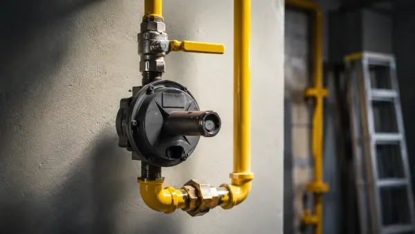 Yellow residential gas line with shutoff valve and pressure regulator installed on a wall