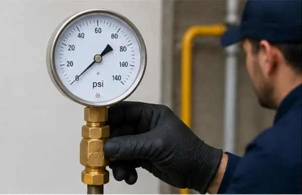 A professional plumber in a blue uniform and black gloves checking the psi on a gas line pressure gauge