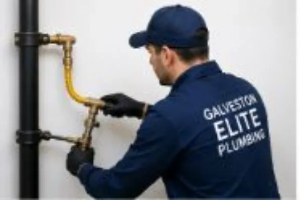 A Galveston Elite Plumbing technician working on a yellow flexible gas line with brass fittings
