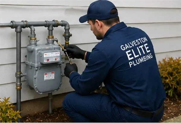 A technician from Galveston Elite Plumbing in a navy uniform uses a wrench to service an outdoor residential gas meter