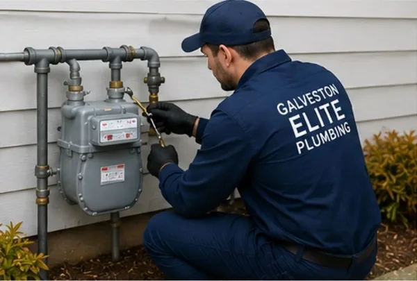 A professional plumber from Galveston Elite Plumbing wearing a blue uniform and black gloves uses a wrench to service an outdoor residential gas meter