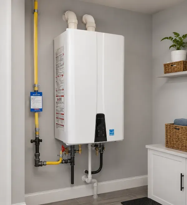 Professional installation of a white tankless gas water heater with yellow gas line and PVC venting in a utility room
