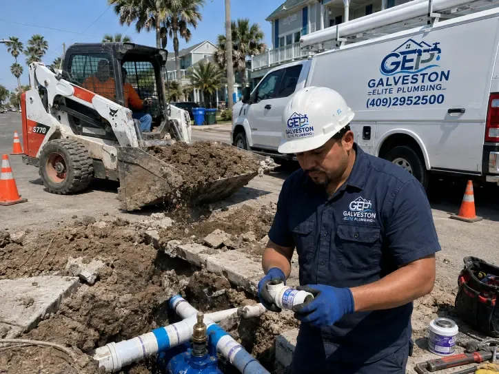 A Galveston Elite Plumbing technician examines a pipe fitting at a job site featuring an open trench, a company service van, and a Bobcat loader in a residential coastal area