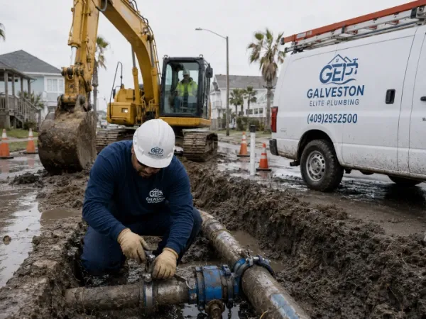 A professional plumber from Galveston Elite Plumbing working in a muddy trench to repair a large main line pipe, with a company van and yellow excavator in the background of a residential neighborhood