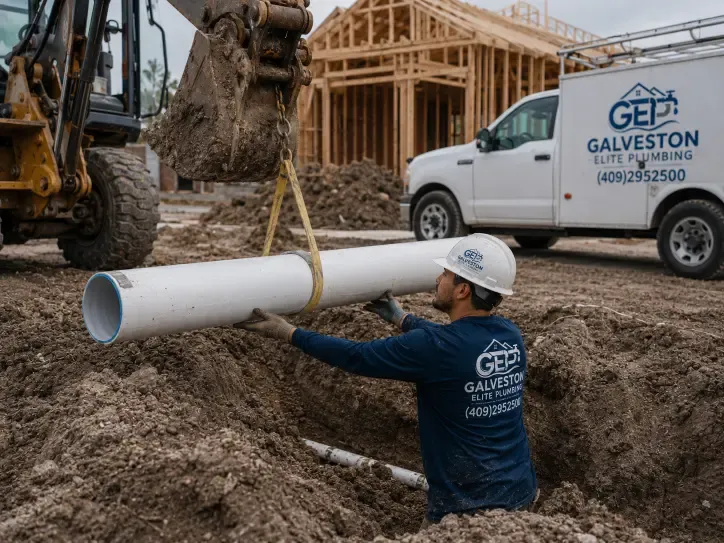 A Galveston Elite Plumbing technician guides a large white pipe lowered by an excavator into a trench at a new home construction site beside a company service van