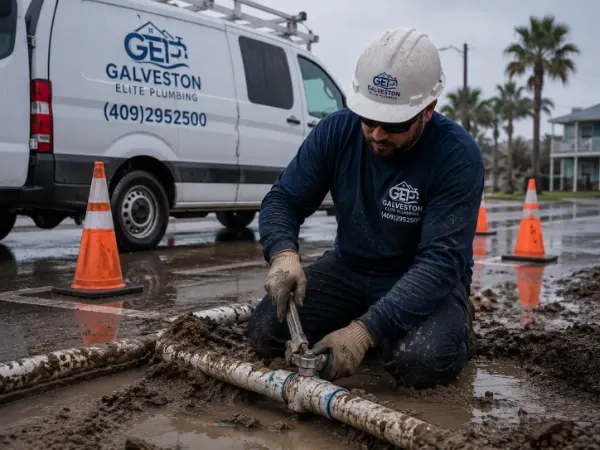 Galveston Elite Plumbing technician repairing outdoor piping beside a branded service van in muddy field conditions