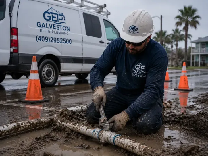 A Galveston Elite Plumbing technician in a branded uniform and hard hat uses a pipe wrench to repair an underground pipe in muddy conditions, with a company service van in the background