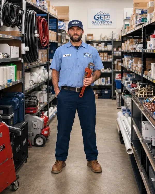 Plumber Jonas from Galveston Elite Plumbing holding a pipe wrench in a fully stocked parts warehouse aisle