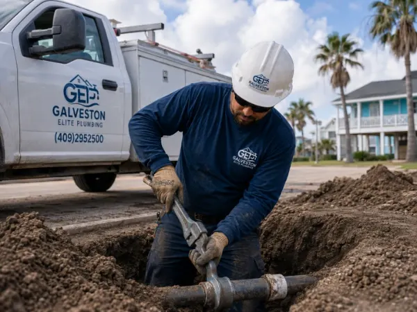 Galveston Elite Plumbing technician using a pipe wrench on an underground main line near palm trees and a company truck
