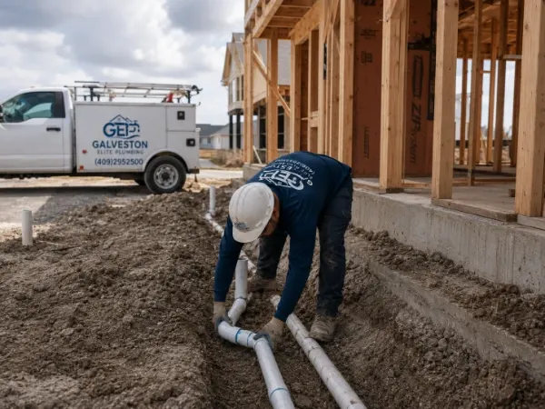 Galveston Elite Plumbing staff installing PVC lines at a new construction site beside a company service truck