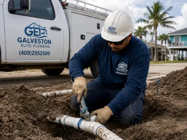 GEP plumber in hard hat working on PVC pipe connections in a trench near a coastal Galveston home