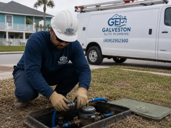 GEP technician in hard hat servicing a residential water meter with a branded van parked nearby