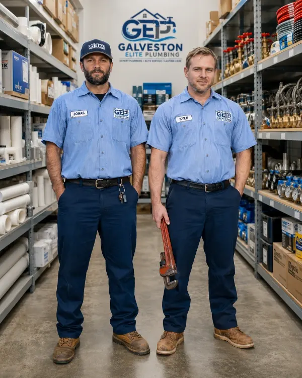 Galveston Elite Plumbing technicians Jonas and Kyle standing in a stocked supply warehouse with a large pipe wrench