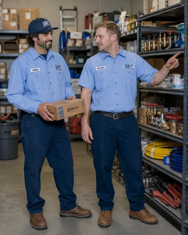 Galveston Elite Plumbing technicians Jones and Wilson reviewing parts in a supply warehouse aisle