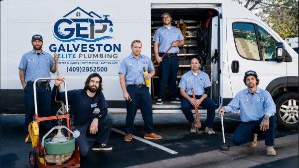 Galveston Elite Plumbing crew with drain equipment and tools posing around an open branded service van