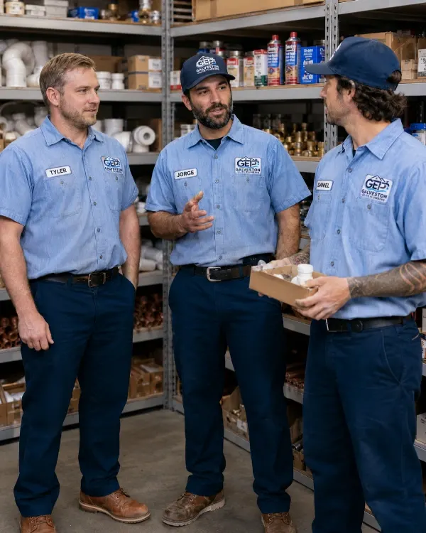 Technicians Tyler, Jorge, and Daniel discussing a plumbing project among warehouse shelves of fittings