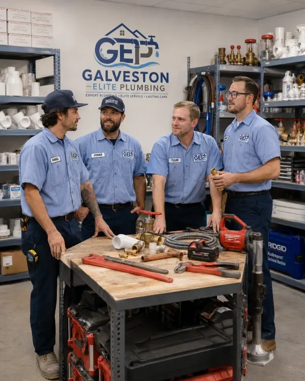 Four Galveston Elite Plumbing technicians discussing tools and fittings around a workshop workbench