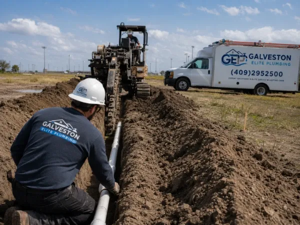 Galveston Elite Plumbing professional team using heavy trenching machinery for a large-scale pipe installation project