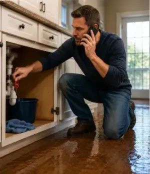 Homeowner calling a plumber while dealing with a backed-up sink and standing water