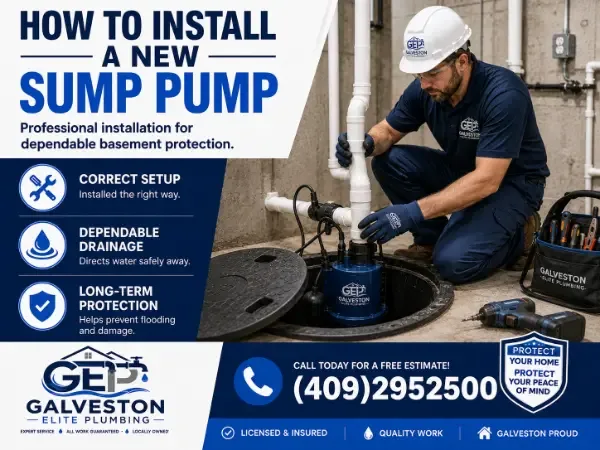 A professional plumber from Galveston Elite Plumbing installing a blue sump pump in a concrete basement to prevent flooding