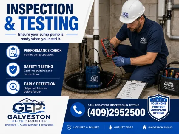 Professional plumber from Galveston Elite Plumbing inspecting and testing a basement sump pump system with a multimeter and checklist