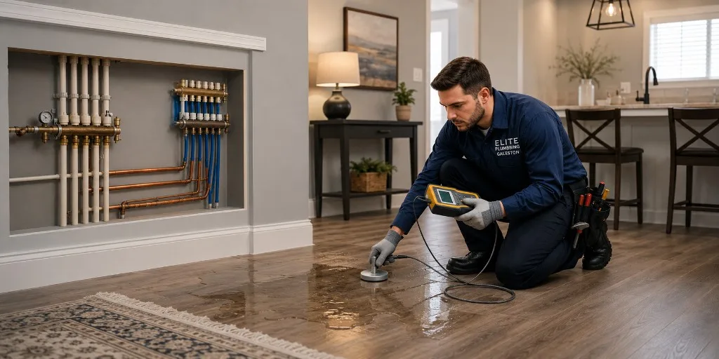 A technician using an electronic leak detection device to locate a hidden water leak under a hardwood floor