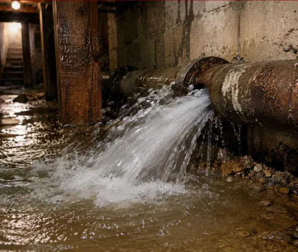 Burst main water line gushing pressurized water into a flooded utility area after outburst damage