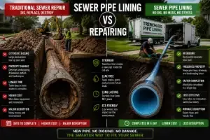 Infographic comparing traditional sewer repair digging with trenchless pipe lining benefits