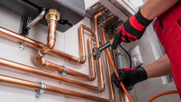 Licensed plumber repairing and repiping exposed copper pipes with a wrench