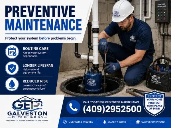 Professional plumber from Galveston Elite Plumbing performing preventive maintenance on a blue sump pump in a basement pit