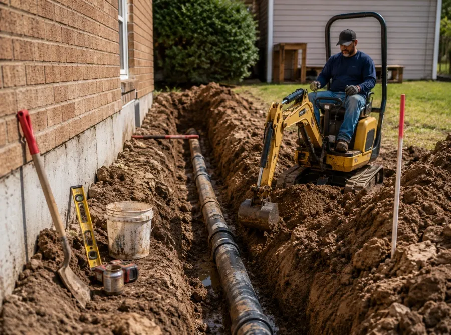 Professional sewer line replacement with excavator and new main pipe installed beside a Galveston home